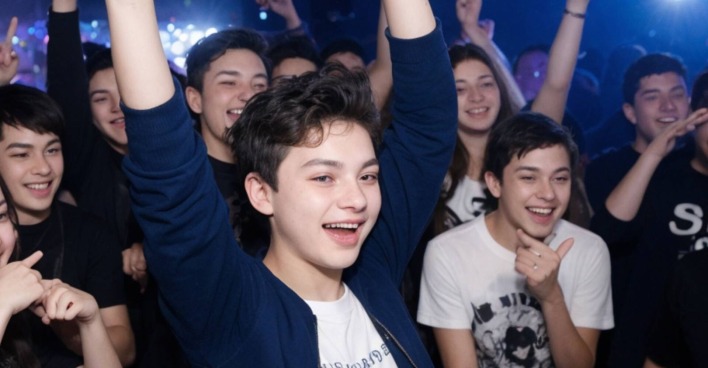 Junge mit aufgeweckten Gesichtsausdruck, der zusammen mit Freunden in einem Club tanzt