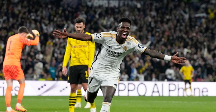 Vinicius Jr jubelt über seinen Treffer im CL-Finale gegen Borussia Dortmund.
