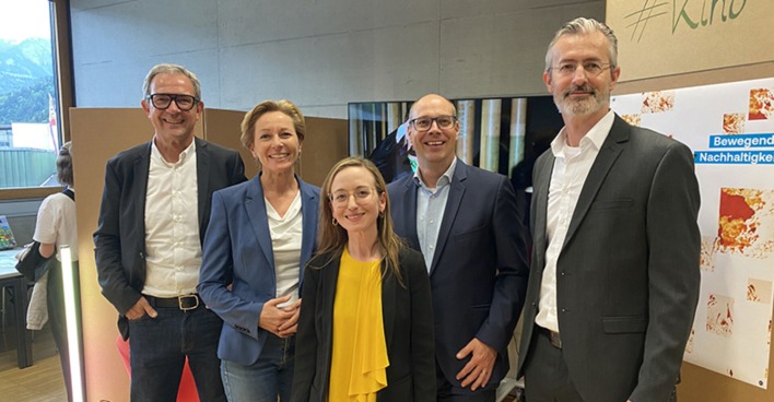 Vorstand Bernhard Ölz (PRISMA), LR Martina Rüscher,  Margarita Köhl (FHV Leiterin Intermedia), FHV-GF Stefan Fitz-Rankl und WISTO GF Jimmy Heinzl (v. li.)