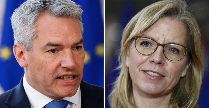Karl Nehammer und Leonore Gewessler, beide im Porträt, Montage