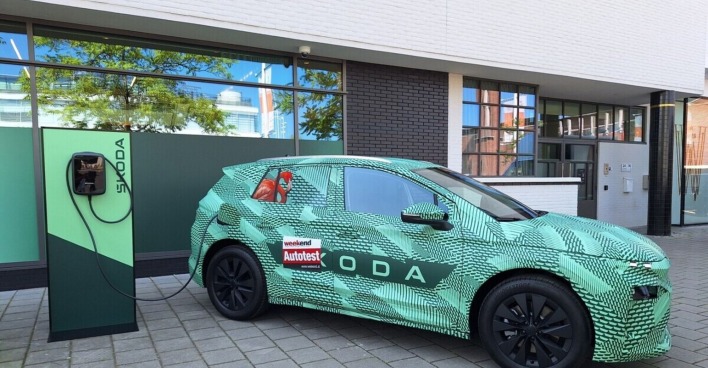Ein grüner Skoda Elroq - mit schwarzem Muster - steht auf einem betonierten Parkplatz. An einen der hinteren Fenster ist das Bild eines rosa Flamingos angebracht. Das Auto wird gerade an einer grünen E-Zapfsäule aufgeladen. Im Hintergrund sieht man eine Gargeneinfahrt, die geschlossen ist.