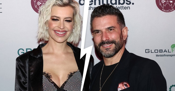 Verena Kerth und Marc Terenzi vor einer Fotoleiwand. Zwischen ihnen ist ein Blitz der die Trennung verdeutlicht.