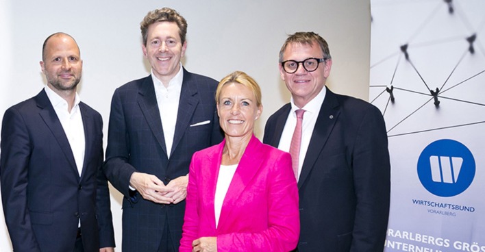LR Marco Tittler (Obmann Vlbg. Wirtschaftsbund), WKÖ Präs. Harald Mahrer, WKV Vize-Präs. Petra Kreuzer und Direktor Wirtschaftsbund Vorarlberg Christoph Thoma