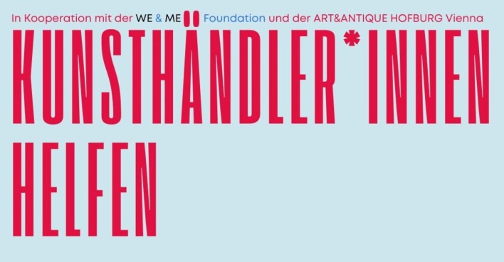 Ein hellblaues Plakat mach für die Aktion "Kunsthändler helfen" auf der Art&amp;Antique Vienna Reklame.