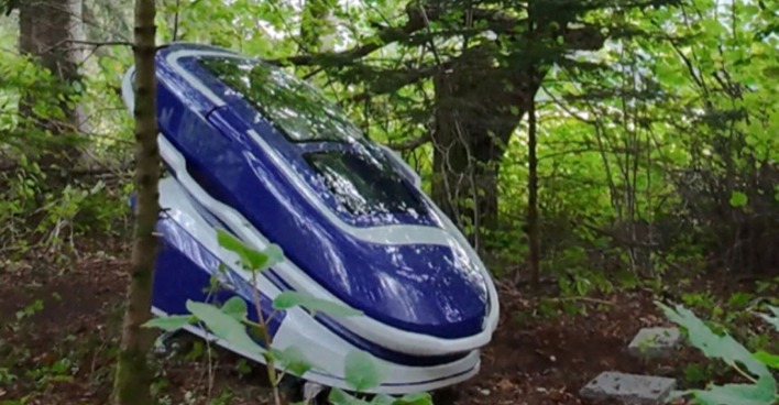 Die Todeskapsel Sarco steht in einem Waldstück. Sie ist blau und erinnert in der Forma an ein sehr kleinesRaumschiff