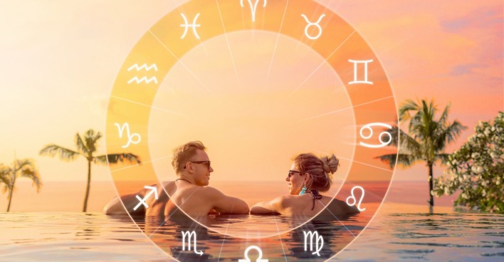Sternzeichen-Kreis und ein Paar im Urlaub.