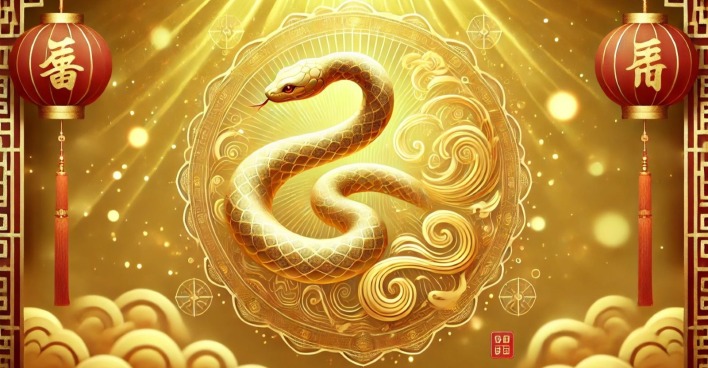 Eine stilisierte Schlange vor goldenem Grund, flankiert von chinesischen Lampions.