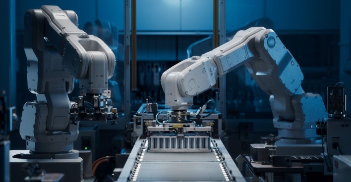 Weiße Roboterarme auf automatisierter Produktionslinie