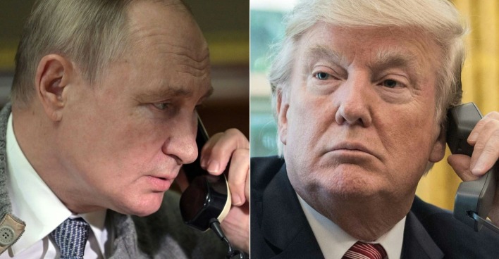 Diese am 18. März 2025 erstellte Bildkombination zeigt (v. l. n. r.) den russischen Präsidenten Wladimir Putin in Strelna bei St. Petersburg am 27. Dezember 2021 und den ehemaligen US-Präsidenten Donald Trump im Oval Office des Weißen Hauses in Washington, D.C., am 27. Juni 2017. Trump und Putin führten am Dienstag, dem 18. März 2025, ein Telefonat. Das Weiße Haus erklärte, die Gespräche über eine Waffenruhe im Zuge der Moskauer Invasion in der Ukraine verliefen „gut“.