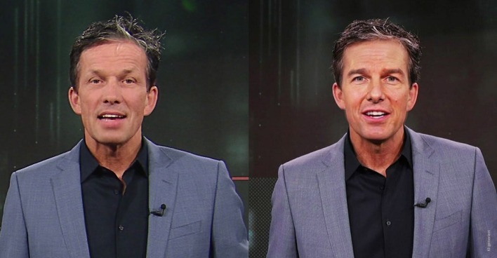 Zweigeteiltes Bild: links Akte Betrug-Moderator Martin Ferdiny, rechts Hollywoodstar Tom Cruise, beide im gleichen Gewand