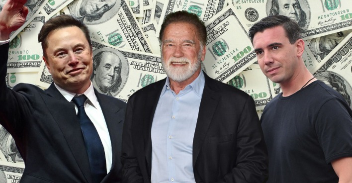 Collage: Die Milliardäre Elon Musk, Arnold Schwarzenegger, Mark Mateschitz vor Geldscheinen.
