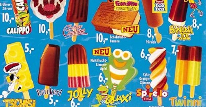 Eskimo-Eiskarte von 1996, das Brickerl war neben Jolly und Tschisi fixer Bestandteil.