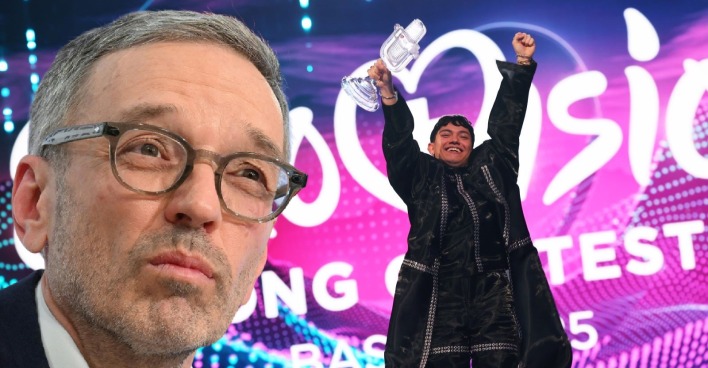 Nahaufnahme von FPÖ-Chef Herbert Kickl mit kritischem Blick, daneben ESC-Sieger JJ in schwarzem Outfit, wie er mit erhobenen Armen den Eurovision-Pokal feiert. Im Hintergrund das ESC-Logo und „Basel 2025“.