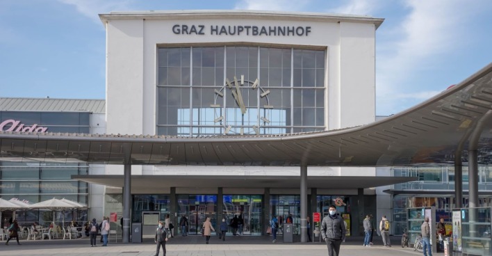 Vorderseite des Grazer Hauptbahnhofs bei Tageslicht – Menschen vor dem Gebäude.