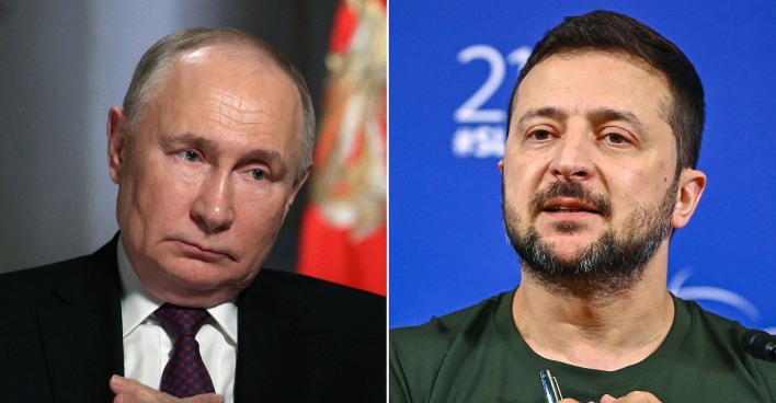 Porträt-Fotomontage: Links Wladimir Putin mit ernster Miene in dunklem Anzug vor russischer Flagge, rechts Wolodymyr Selenskyj bei einer Pressekonferenz, in grünem T-Shirt mit Mikrofon, spricht ernst.