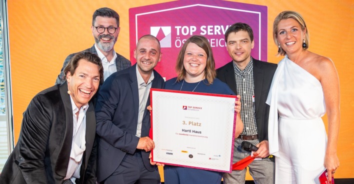 Sechs fröhliche Personen mit Urkunde bei der Top Service Österreich-Verleihung