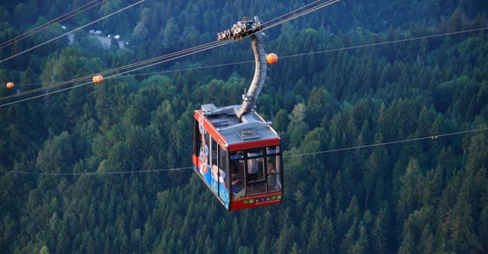 Eine rote Gondel der Karrenseilbahn hängt in großer Höhe über einem bewaldeten Tal bei Dornbirn. In der Kabine sind mehrere Personen zu sehen.