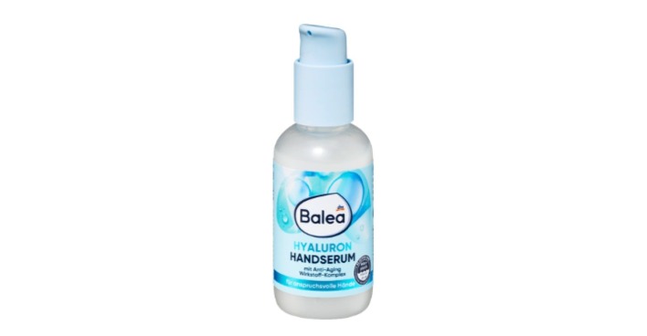 Balea Handserum Hyaluron, 75 ml; blau-weißes Fläschchen vor weißem Hintergrund