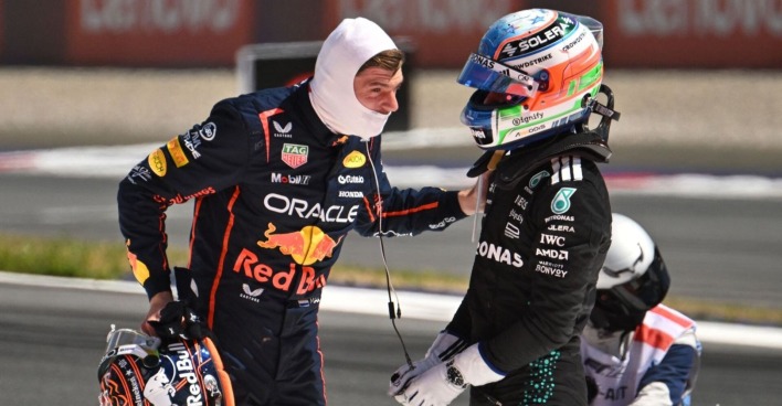 Max Verstappen (Red Bull) und Kimi Antonelli (Mercedes) nach ihrem Unfall auf dem Red-Bull-Ring in Spielberg