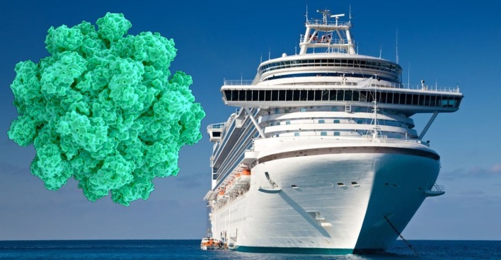 Ein Kreuzfahrtschiff auf offener See, daneben stark vergrößerte Darstellung eines Norovirus – Symbolbild für aktuelle massenhafte Krankheitsausbrüche an Bord.