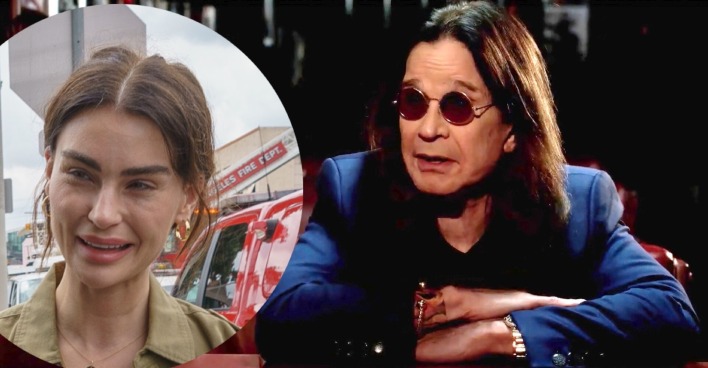 Foto-Montage: Aimee Osbourne mit zurückgebundenem Haar, goldenen Ohrringen und olivgrüner Bluse im Straßenbild; daneben Ozzy Osbourne mit langen Haaren, Sonnenbrille und blauem Sakko bei einem Interview.