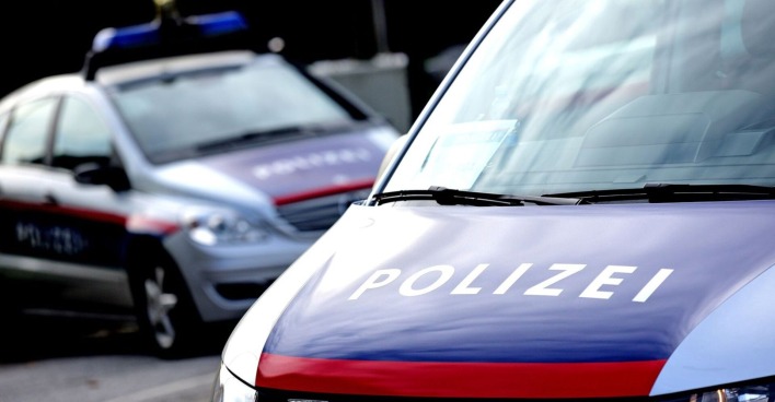 Zwei Polizeiwagen der Österreichischen Polizei stehen auf einer Straße im Tageslicht