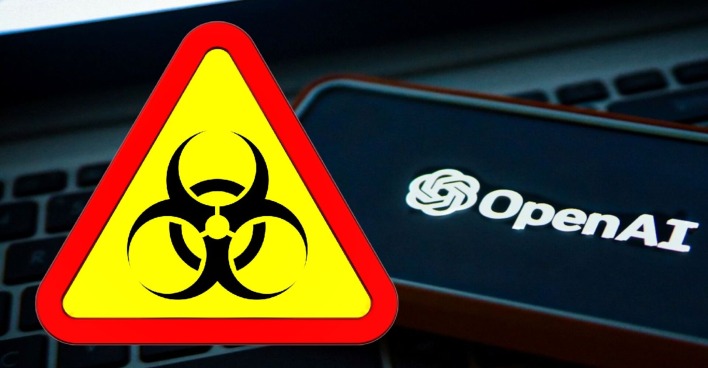 Warnschild mit Biohazard-Symbol vor einem Bildschirm mit dem OpenAI-Logo – Hinweis auf potenzielle Risiken von ChatGPT-5 in kritischen Forschungsbereichen.