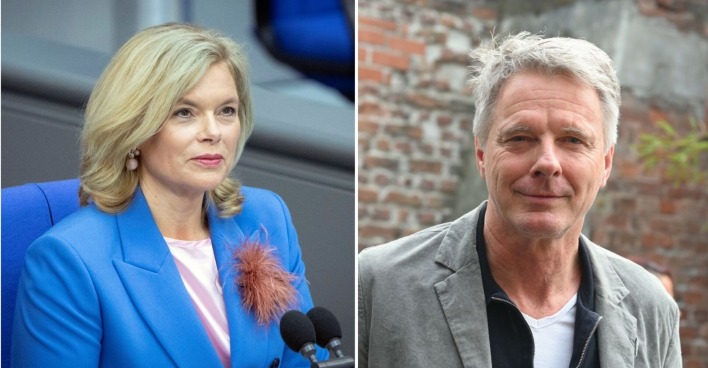 Porträtfotos von Julia Klöckner in blauem Blazer am Rednerpult und Jörg Pilawa in grauer Jacke vor einer Backsteinmauer.