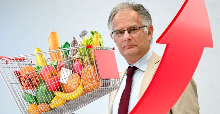 Markus Marterbauer in Anzug und Krawatte vor neutralem Hintergrund, daneben ein Einkaufswagen voller Lebensmittel und ein roter Preisanstiegs-Pfeil.