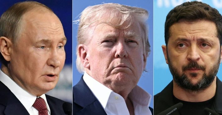 Porträtmontage von Wladimir Putin, Donald Trump und Wolodymyr Selenskyj – drei zentrale Akteure im Ukraine-Konflikt.