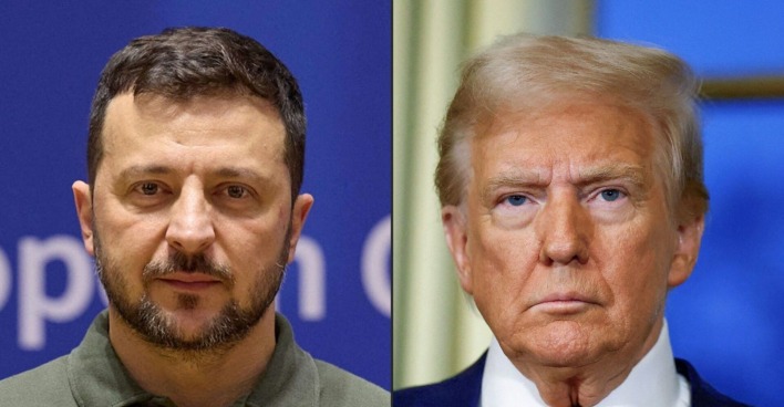 Porträt von Wolodymyr Selenskyj links und Donald Trump rechts, nebeneinander montiert, beide blicken ernst in die Kamera.