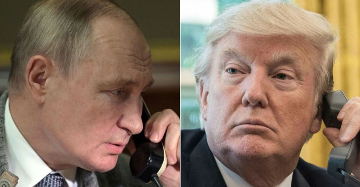 Geteiltes Bild: Links ist Wladimir Putin mit einem Telefonhörer am Ohr zu sehen, rechts Donald Trump in ähnlicher Pose. Beide blicken ernst, die Fotos wirken wie aus einem gleichzeitig geführten Telefonat.