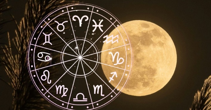 Vollmond am Nachthimmel mit eingeblendetem astrologischem Tierkreis; die Sternzeichen-Symbole umkreisen das Zentrum, der Mond leuchtet im Hintergrund.