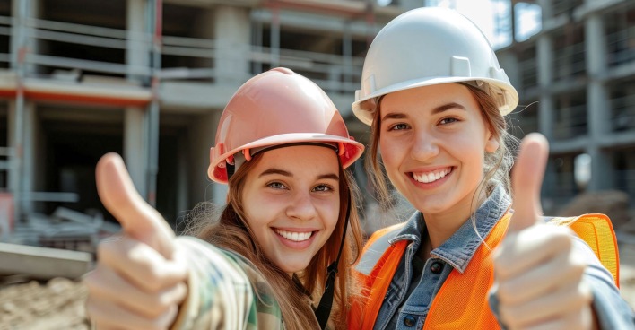 Zwei junge Arbeiterinnen auf der Baustelle mit Helmen | Credit: Adobe Stock/Jürgen Fälchle