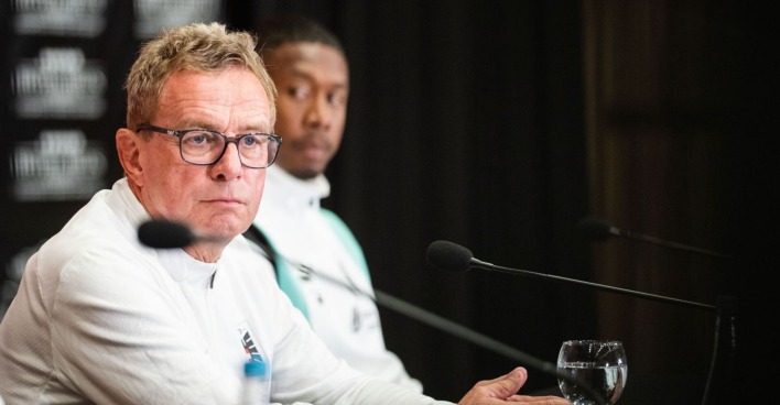 Teamchef Ralf Rangnick und David Alaba am Montag, 08. September 2025, während einer PK des ÖFB in Sarajevo vor dem WM-Qualifikationsspiel gegen Bosnien