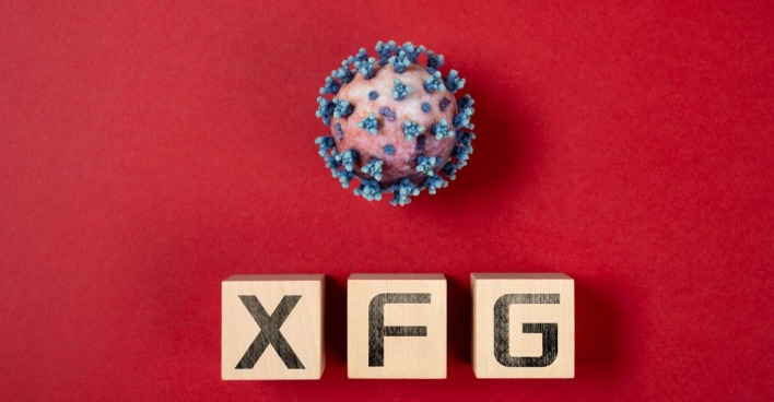 Symbolbild der neuen "XFG"-Corona-Variante vor rotem Hintergrund und drei Bauklötzen welche die Buchstaben X F und G zeigen
