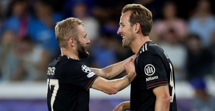 Harry Kane und Konrad Laimer während eines Champions League Spiels am 30.September 2025