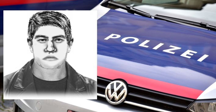 Phantombild, das den mutmaßlichen Täter zeigt, er trägt eine Lederjacke und hat eine große Nase. Polizeiauto