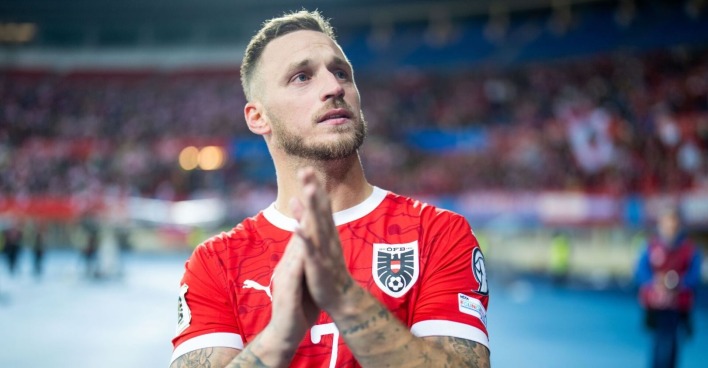 Marko Arnautovic (mit 45 Toren der neue Rekordtorschütze in der Nationalmannschaft) am Donnerstag, 09. Oktober 2025, nach Ende des Spiels zur WM-Qualifikation, Gruppe H, 7. Runde, zwischen Österreich und San Marino in Wien