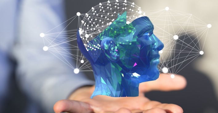 digitale Illustration eines in blau gehaltenen Kopfes auf einer menschlichen Hand