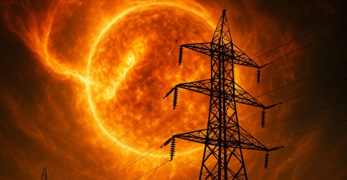 onnensturm mit riesiger Plasmawolke hinter einem Hochspannungsmast – Symbolbild für die Gefahr von Stromausfällen durch solare Eruptionen.