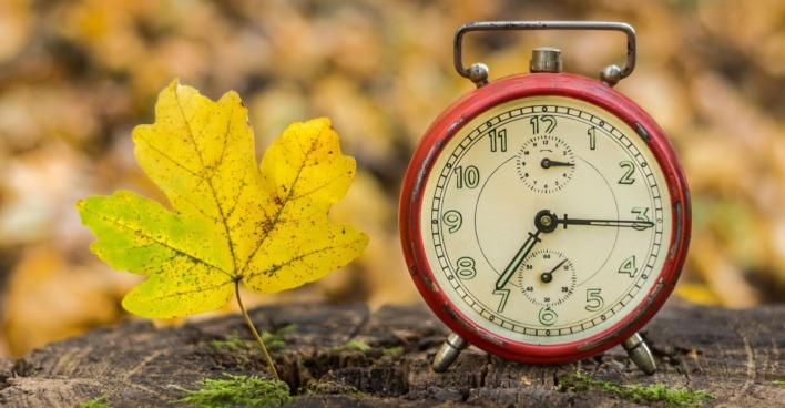 Roter Wecker und gelbes Herbstblatt auf Baumstumpf – Symbol für die Zeitumstellung im Herbst in Österreich.