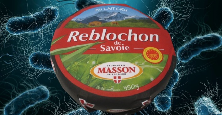 Foto des von E-Coli-Bakterien Käse-Produktes vor einer Horde aus E-Coli-Bakterien