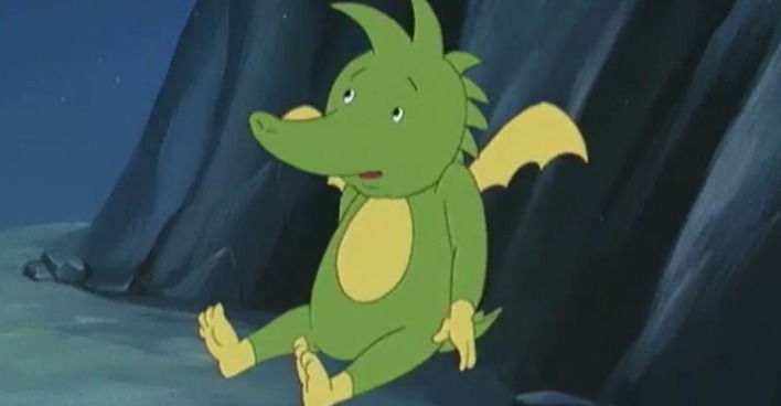 Drache sitzt in Höhle auf Boden