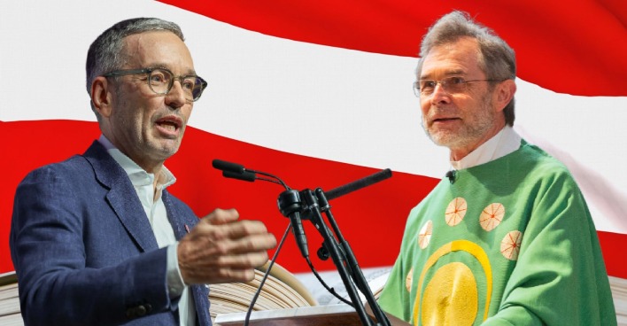 Herbert Kickl und Josef Grünwidl sprechen jeweils an einem Rednerpult vor einer rot-weiß-roten Hintergrundfläche – Symbolbild für die öffentliche Debatte rund um Spruch und Unspruch des Jahres 2025 in Österreich.