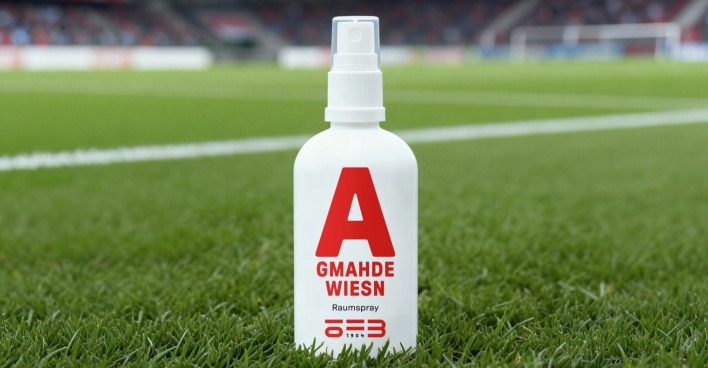 Flasche des ÖFB-Raumsprays auf einem Rasen des Stadions