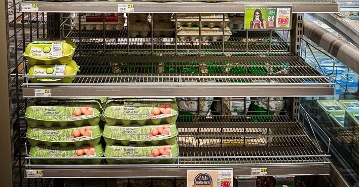 Keine bzw. wenige Eier in einem Supermarktregal