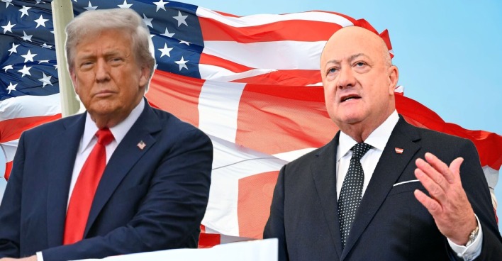 Donald Trump und Christian Stocker vor den Flaggen der USA und Dänemarks – Symbolbild zum politischen Streit um Grönland und drohende US-Strafzölle.