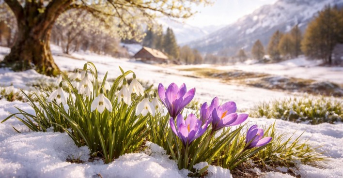 Krokusse und Schneeglöckchen im Schnee – Symbolfoto zur Bauernregel Februar über Winterende und Frühlingsbeginn in Österreich.