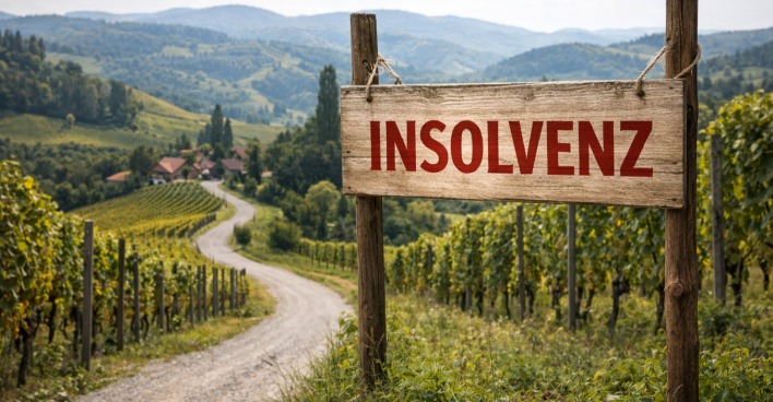 Südsteirischer Weinberg mit Holzschild „Insolvenz“ – Symbolfoto zur Insolvenz und zum Konkursverfahren der Domaines Kilger GmbH &amp; Co KG in Gamlitz, Steiermark.